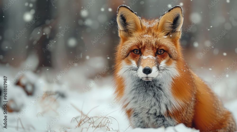 Fototapeta premium A detailed view of a red fox in a snowy forest, with a clean background and plenty of copy space for information about fox behavior and wildlife photography tips.