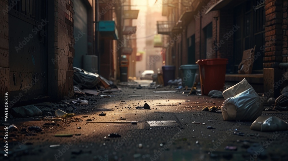 urban alley and scattered litter on the ground urban alley and scattered litter on the ground