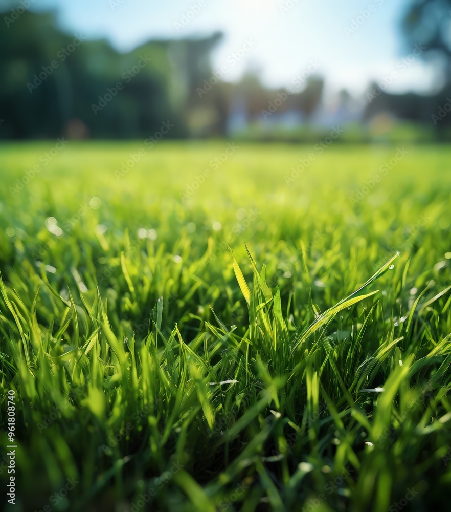 close up green lawn with blue sky in the background close up green lawn with blue sky in the background