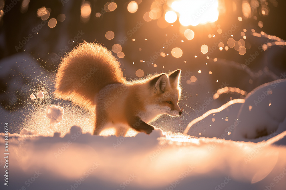 Fototapeta premium National geographics award winning photograph of a cute orange fox with fluffy fur, playing with snow, in a snowy forest, bokeh, carl zeiss lens 85mm apeture, golden hour, magical