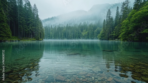 A serene image of a crystal-clear lake surrounded by dense forest in a national park, with a minimalist background and plenty of copy space for details about lake activities and conservation efforts.
