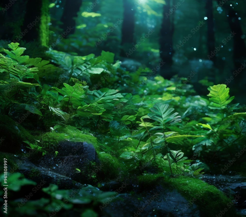 Fototapeta premium forest with green plants and rocks