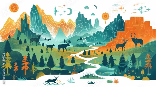 An infographic highlighting the top attractions and activities in a national park (e.g., hiking trails, scenic viewpoints, wildlife), with icons for each attraction and ample copy space for details.