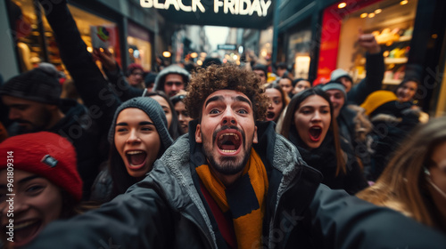 Man ecstatically freaking out during a crowded Black Friday sale. photo