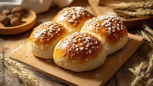 Stylish Japanese Bakery Interior with Freshly Baked Bread and Delicate Pastries, Perfect for Text Overlays and Food Blog Features. Japanese Bread Delights and Culinary Aesthetics.