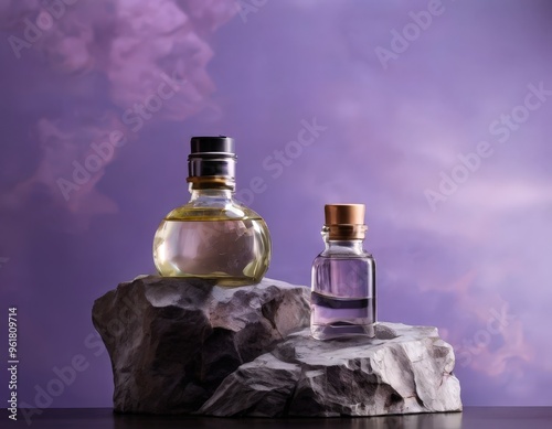 two bottles perfume sitting on rock