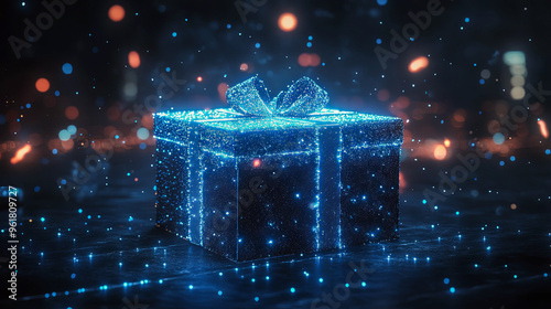 Quantum computing cube gift box in a technological environment with a digital loop consisting of blue particles. Low poly blue, technology with Christmas mood glowing on dark background