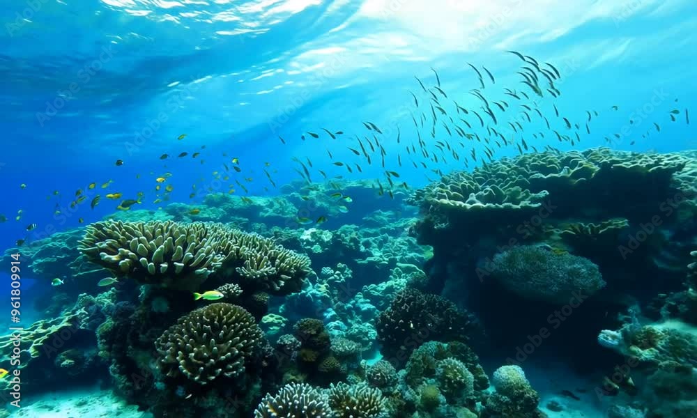 Wide-angle shot of a serene coral reef Vibrant corals in various colors and shapes stretch across the ocean floor Wide-angle shot of a serene coral reef Vibrant corals in various colors and shapes stretch across the ocean floor