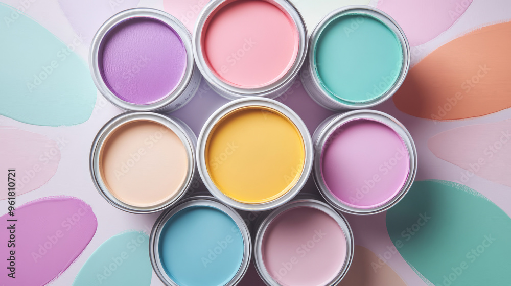 Top view of pastel-colored paint cans arranged in a circle with soft swatches on a light background, showcasing gentle hues.
Top view of pastel-colored paint cans arranged in a circle with soft swatches on a light background, showcasing gentle hues.