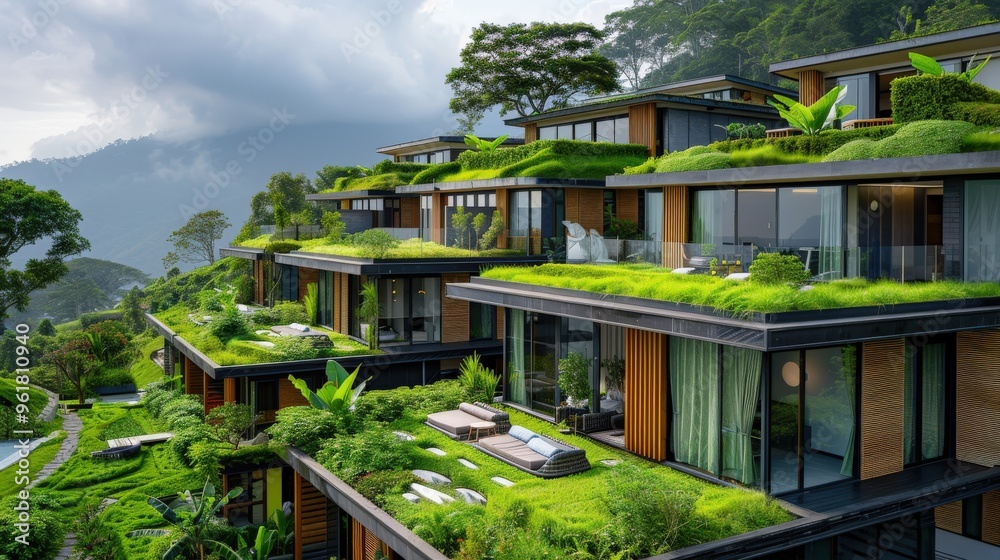 A serene view of a solar-powered eco-resort with green roofs and natural landscaping, with a clean background and ample copy space for information about sustainable accommodation. A serene view of a solar-powered eco-resort with green roofs and natural landscaping, with a clean background and ample copy space for information about sustainable accommodation.