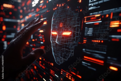 A hand is reaching out to touch a face on a computer screen ai artificial intelligence assistant