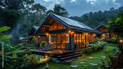 A vibrant shot of an eco-friendly accommodation, such as a solar-powered lodge or green hotel, with a clean background and ample copy space for tips on choosing sustainable lodging options.