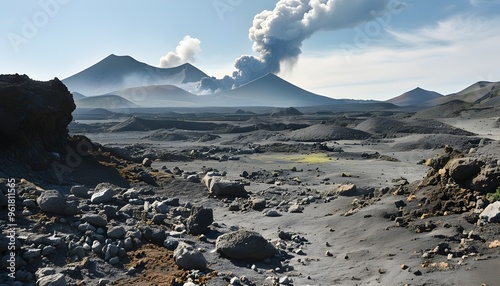 ominous volcanic landscape of barren wasteland, ash, stone, and a solitary plume of smoke rising into an empty sky photo