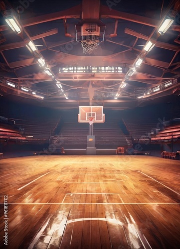 basketball court with lights and wooden floor