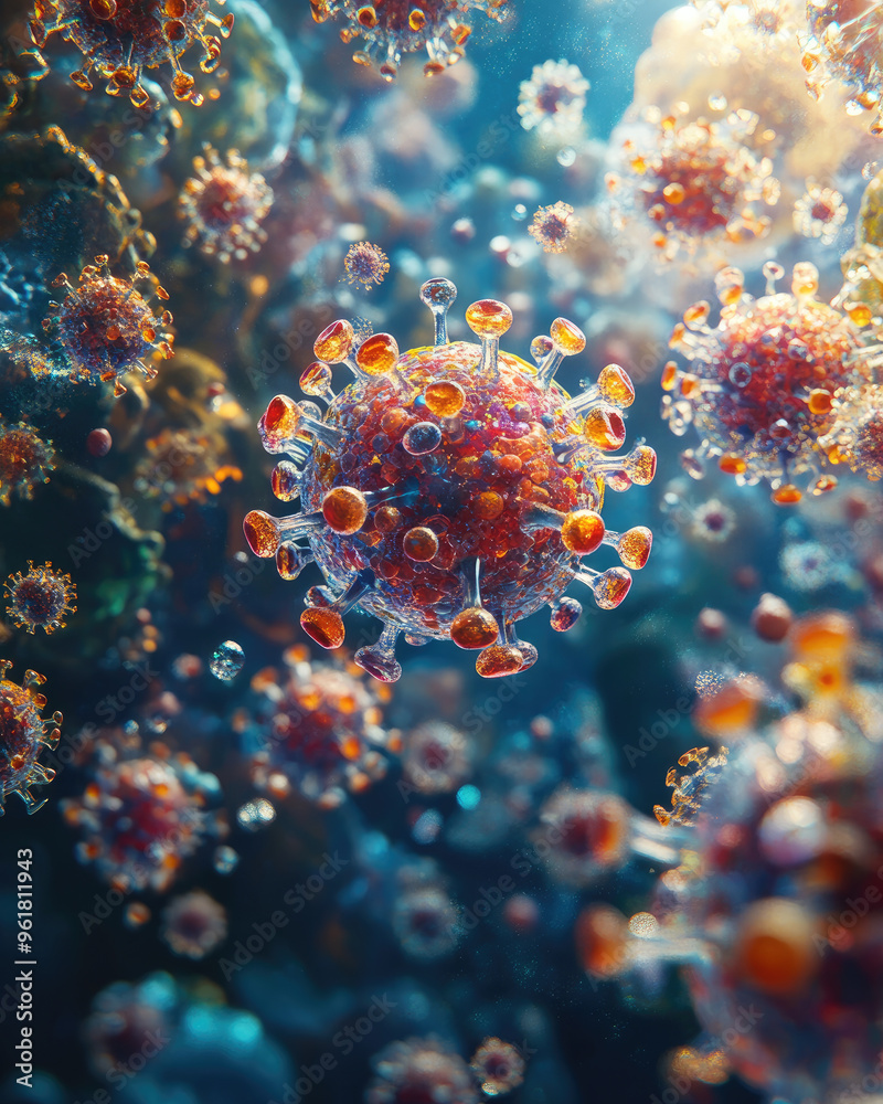 Close-up of vibrant virus particles in a molecular scene, showcasing intricate details and colorful structures in a microscopic view.
