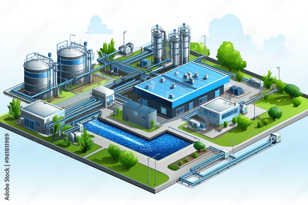 Water treatment plant Aerial View illustration Water treatment plant Aerial View illustration