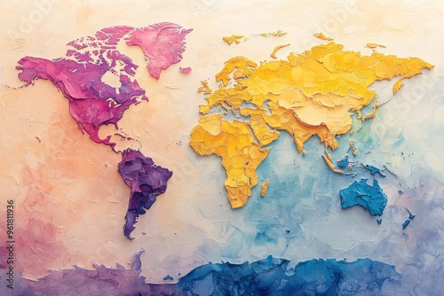 Fototapeta Naklejka Na Ścianę i Meble -  A vibrant world map showcases textured regions in purple, yellow, and blue on a soft gradient background
