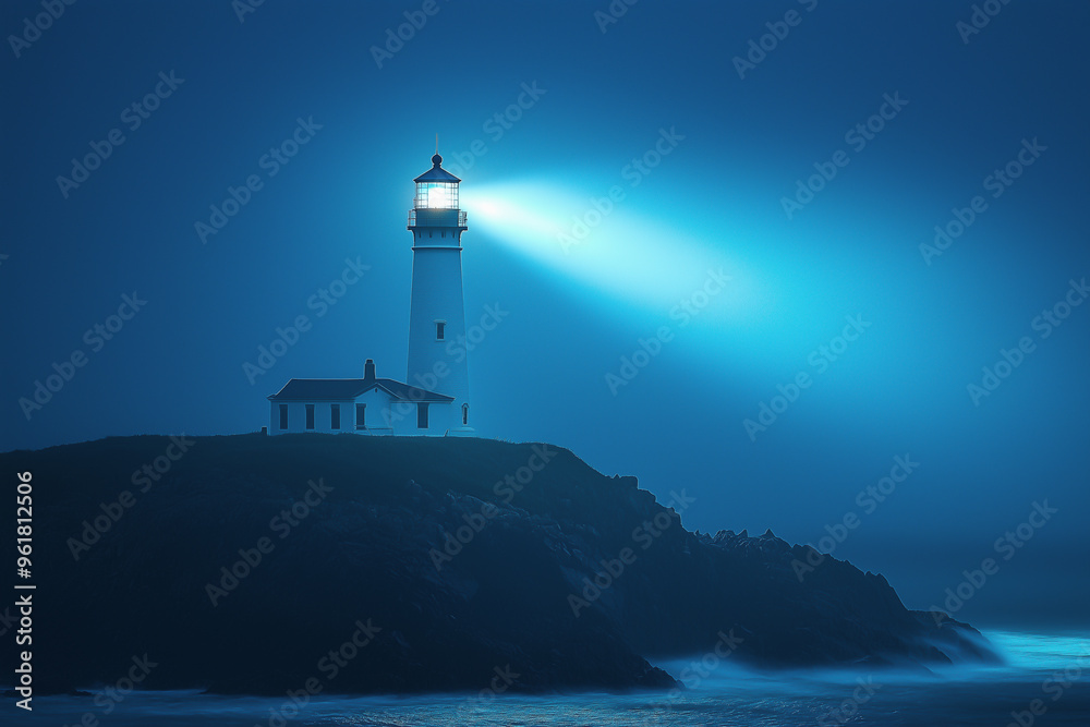 Lighthouse illuminating a misty coastal landscape under a dark blue sky

