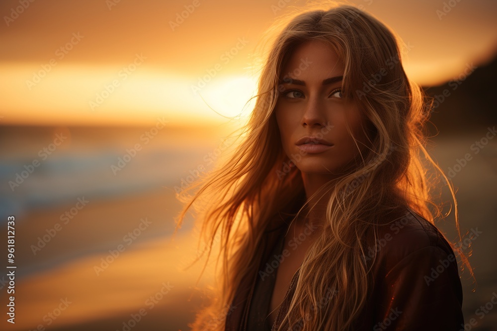 Fototapeta premium beautiful woman on beach during sunset