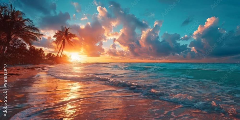 tropical sunset on the beach with palm trees and waves tropical sunset on the beach with palm trees and waves