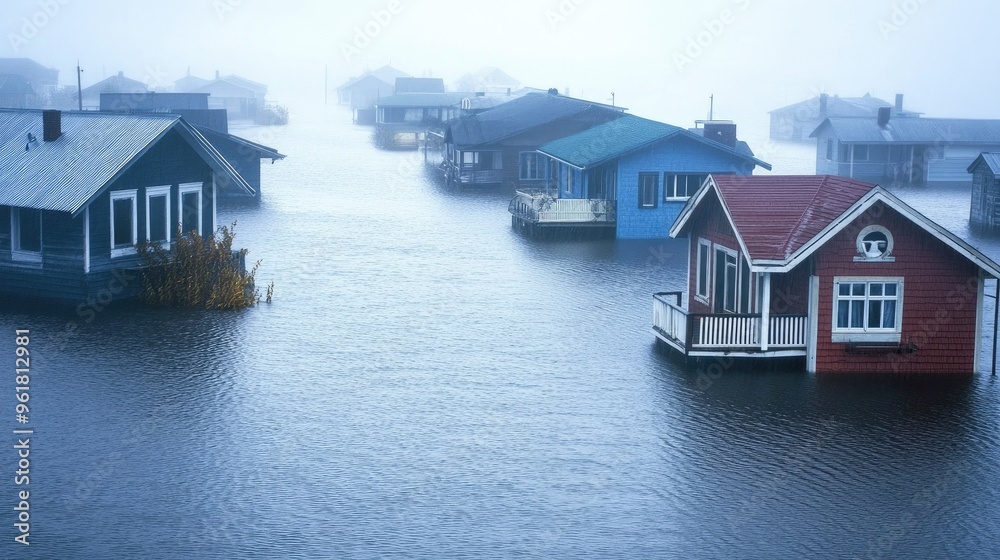Flooded coastal area with submerged buildings and high water levels, demonstrating the rising sea levels and extreme weather events caused by global warming Flooded coastal area with submerged buildings and high water levels, demonstrating the rising sea levels and extreme weather events caused by global warming