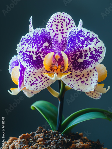 Orchid in vivid colors with striking purple and yellow petals, standing out against dark background.
 photo