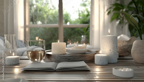 Close up of candles and a book on a wooden table in a cozy room with a blurred window and plant in the background.