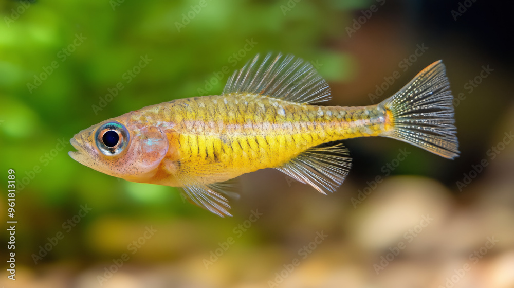 Fototapeta premium A small yellow fish swimming in an aquarium,