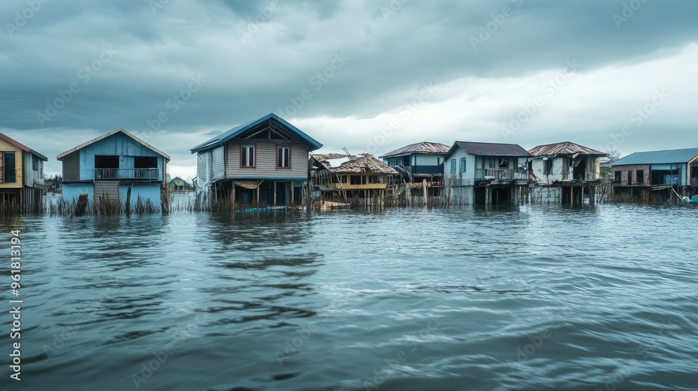 Flooded coastal area with submerged buildings and high water levels, demonstrating the rising sea levels and extreme weather events caused by global warming Flooded coastal area with submerged buildings and high water levels, demonstrating the rising sea levels and extreme weather events caused by global warming