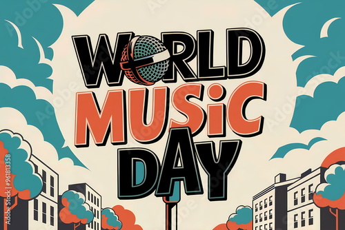 World music day celebration. Retro urban style. Festive sound concept. Cityscape setting for music event. Vibrant design for poster, banner, card with copy space.