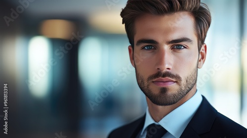 Focused young businessman with a neatly groomed appearance, looking directly at the camera with a serious expression, in a bright, modern office.