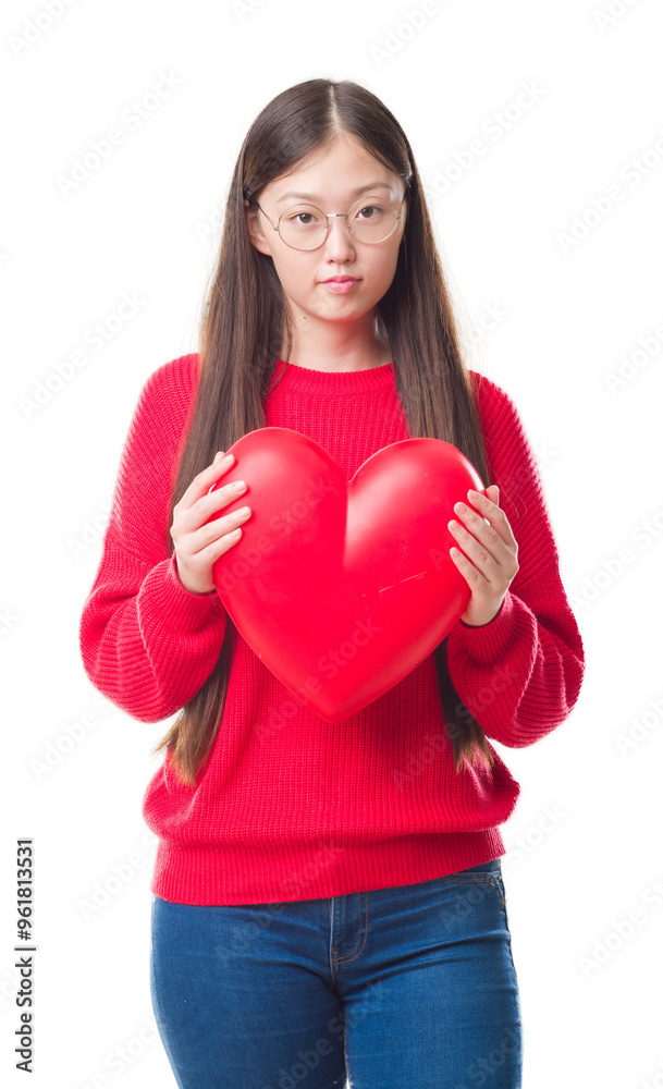 Young Chinese woman wearing graduate uniform red heart with a confident expression on smart face thinking serious Young Chinese woman wearing graduate uniform red heart with a confident expression on smart face thinking serious