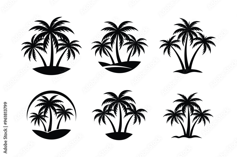 Fototapeta premium Bundle of simple tropical palm tree silhouettes vector illustrations.