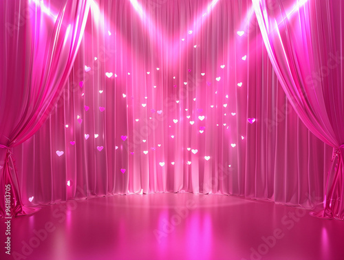 shimmering pink draped curtains glowing lights elegant reflective ambiance dreamy event backdrop concept