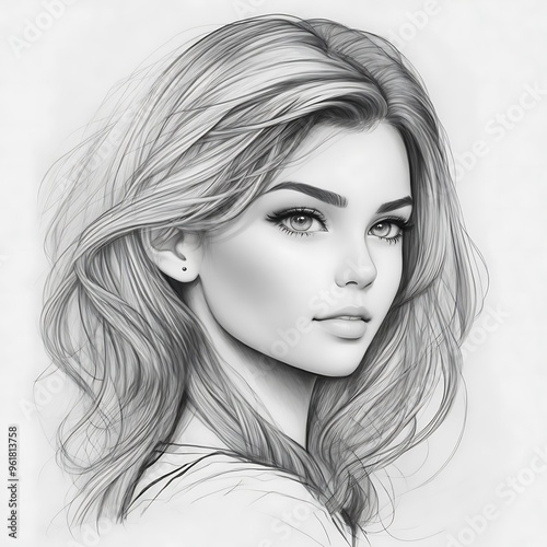 Hand drawn portrait of beautiful young girl sketch with long wavy hair, fashion illustration, beauty concept, feminine artistic sketch for design, graphic pencil drawing for beautiful woman sketch