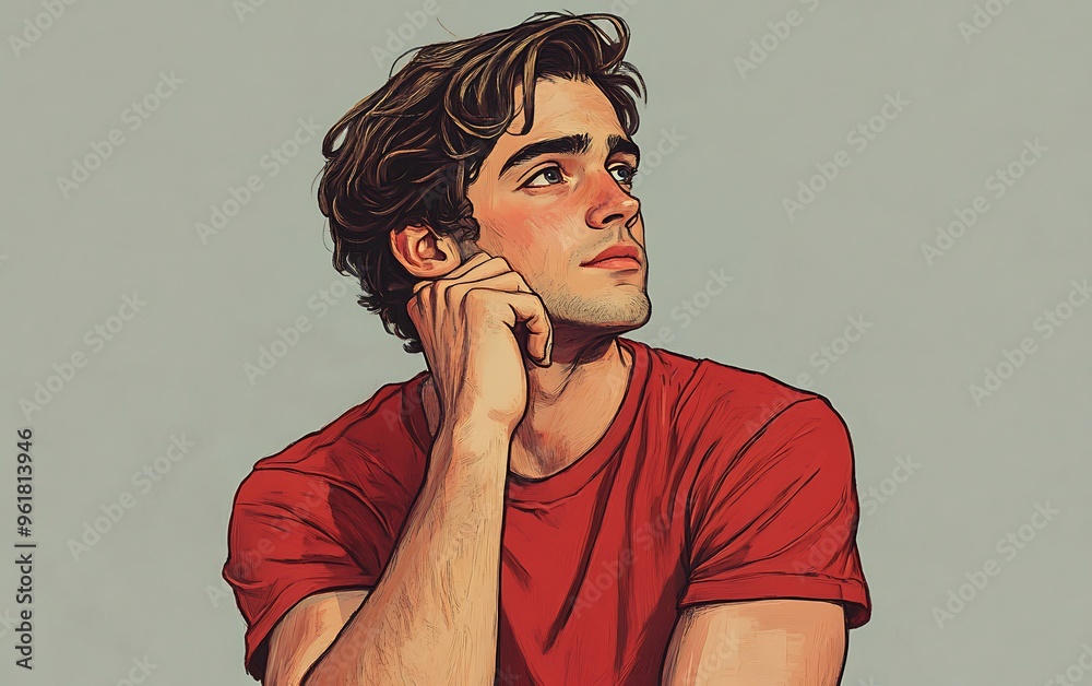Contemplative Young Man in Red T-Shirt Thoughtfully Posing Against Grey Background Contemplative Young Man in Red T-Shirt Thoughtfully Posing Against Grey Background