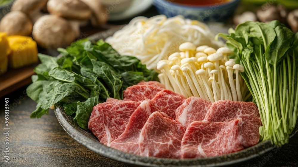 Fresh ingredients for shabu-shabu including thinly sliced meat, leafy greens, mushrooms, and noodles, artfully arranged on a table ready for cooking. Fresh ingredients for shabu-shabu including thinly sliced meat, leafy greens, mushrooms, and noodles, artfully arranged on a table ready for cooking.