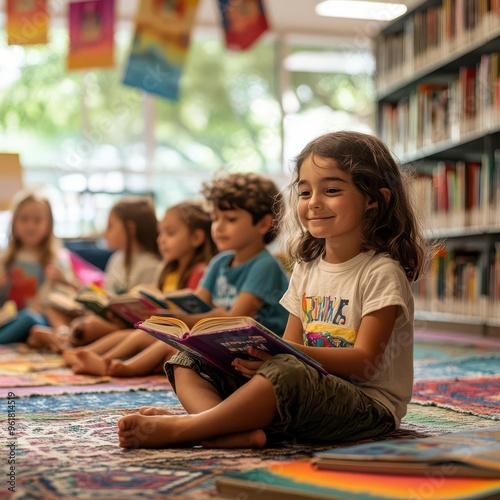 A community-focused literacy event in a library, with children sitting on rugs reading books, surrounded by volunteers, campaign banners, and shelves full of colorful books