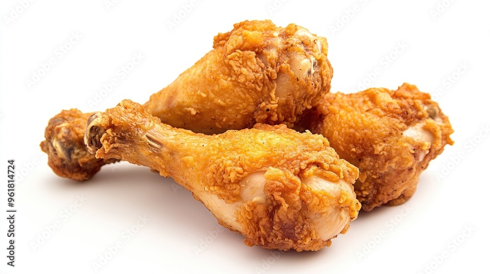 Fried chicken drumsticks with a perfectly golden crust, displayed on a white background to emphasize their crispy and juicy appeal. Fried chicken drumsticks with a perfectly golden crust, displayed on a white background to emphasize their crispy and juicy appeal.