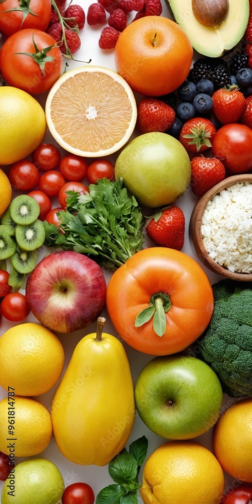 variety fruits and vegetables on white surface variety fruits and vegetables on white surface