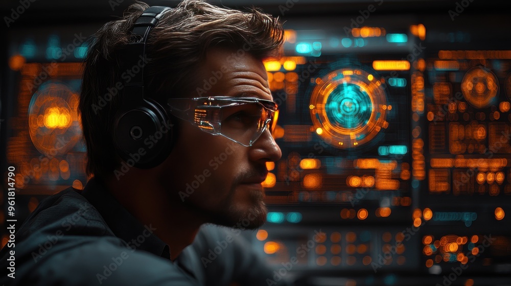 Tech professional with headphones and safety glasses working in high-tech control room with futuristic holographic displays. Tech professional with headphones and safety glasses working in high-tech control room with futuristic holographic displays.