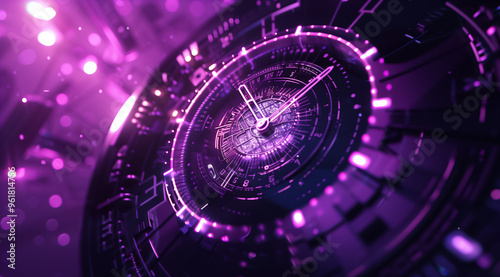 Futuristic clock glowing with neon lights and digital effects in a sci-fi setting.
 photo