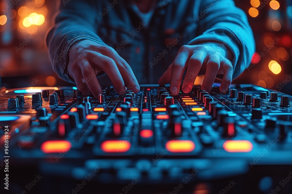 DJ Mixing Music on a Mixer with Blue and Red Lights DJ Mixing Music on a Mixer with Blue and Red Lights