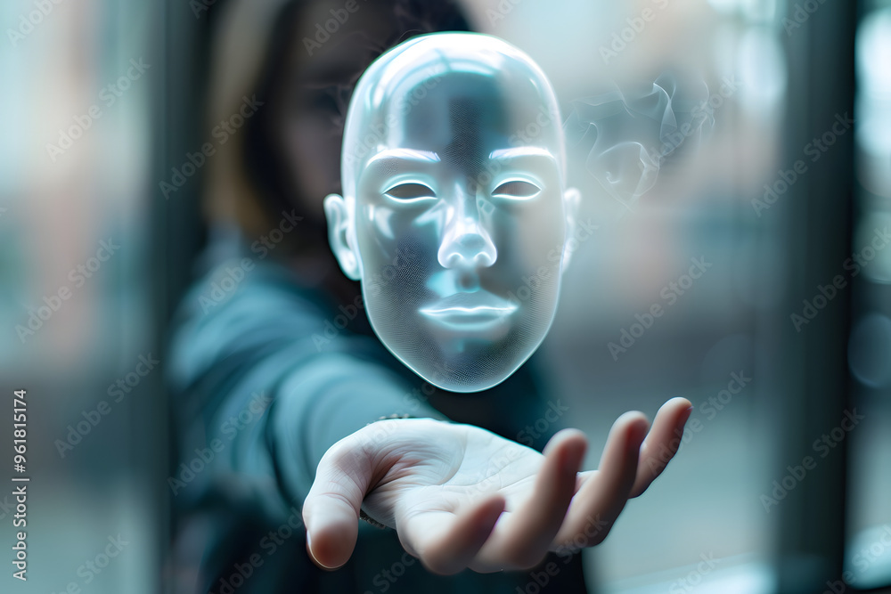 Holographic human face floating in hand symbolizing advanced artificial intelligence future technology innovation for virtual reality digital transformation and sci-fi tech concepts Holographic human face floating in hand symbolizing advanced artificial intelligence future technology innovation for virtual reality digital transformation and sci-fi tech concepts