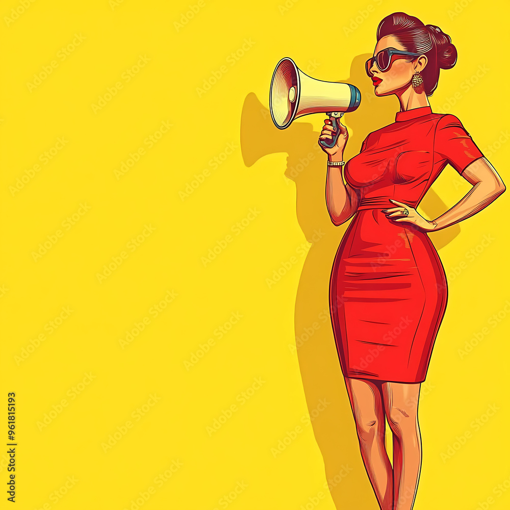 Full-length portrait of a beautiful woman holding a loudspeaker, standing against a bright yellow background with space for text, styled in pop art fashion.
Full-length portrait of a beautiful woman holding a loudspeaker, standing against a bright yellow background with space for text, styled in pop art fashion.