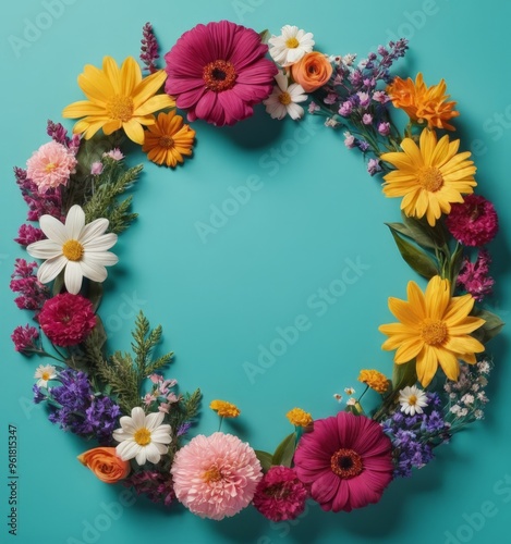 Wallpaper Mural colorful flowers arranged in circle on blue background Torontodigital.ca