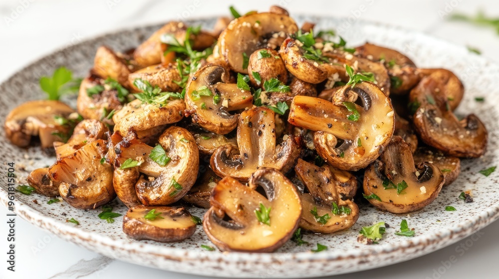 Fried mushrooms served on a plate with garnishes, capturing a delicious and appetizing dish against a clean, simple background. Fried mushrooms served on a plate with garnishes, capturing a delicious and appetizing dish against a clean, simple background.