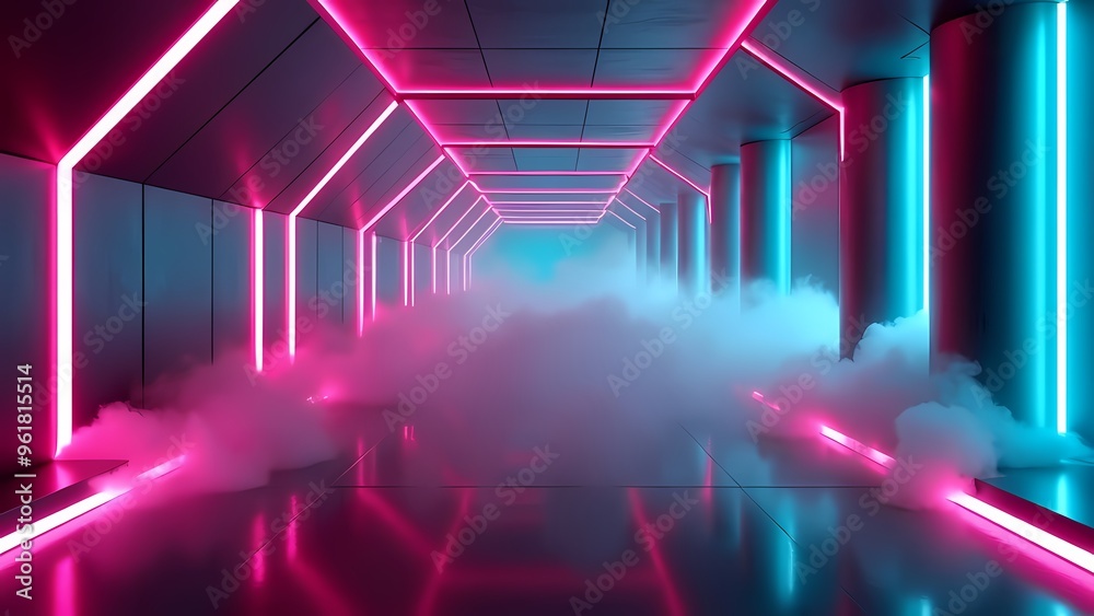 Futuristic Corridor with Neon Pink and Cyan Lasers Reflecting on Polished Surfaces in Fog Futuristic Corridor with Neon Pink and Cyan Lasers Reflecting on Polished Surfaces in Fog