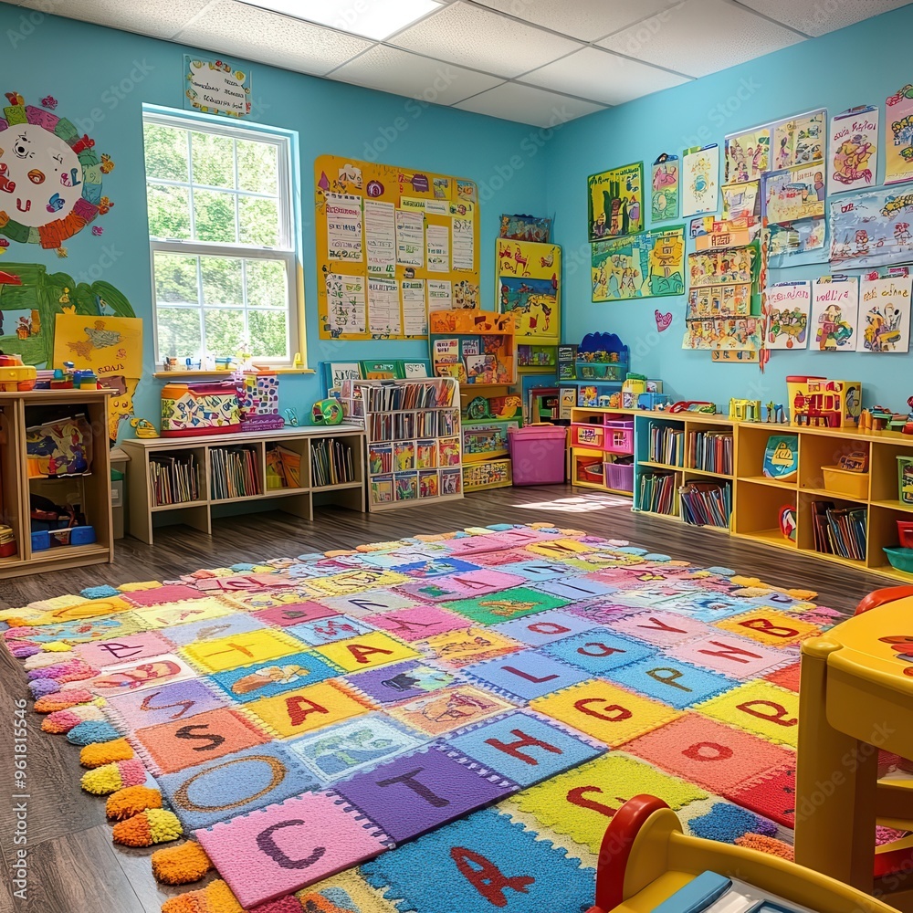 Colorful and engaging preschool classroom with alphabet rug, bookshelves, and learning materials. Colorful and engaging preschool classroom with alphabet rug, bookshelves, and learning materials.