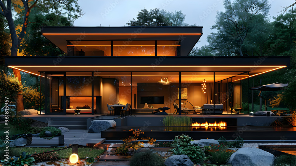 Modern House with Fire Pit in Backyard 3D Illustration Modern House with Fire Pit in Backyard 3D Illustration